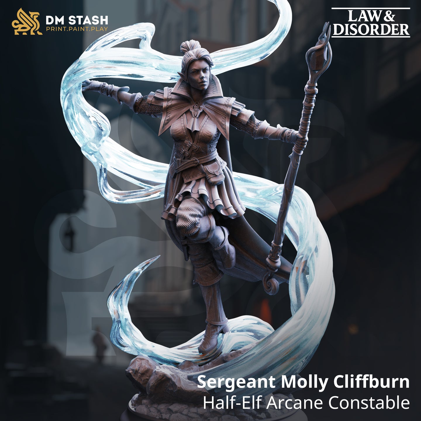 Digital render of Sergeant Molly Cliffburn half-elf arcane constable miniature from DM Stash's Law and Disorder collection, shown in a dynamic striding pose with arcane force winds spiralling around her, holding a tall ornate staff in her right hand and casting with her left, wearing engraved constable armour with layered pauldrons and capelet