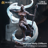 Digital render of Sergeant Molly Cliffburn half-elf arcane constable miniature from DM Stash's Law and Disorder collection, shown in a dynamic striding pose with arcane force winds spiralling around her, holding a tall ornate staff in her right hand and casting with her left, wearing engraved constable armour with layered pauldrons and capelet