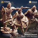 Promotional render of all three Seroca's Devout Dark Cultist Warrior miniatures from DM Stash's Elves of the Golden Sun range — unpainted resin sculpts in warm beige showing a shield-bearing warrior, a dual-blade attacker, and a cloaked swordsman, each wearing ornate sun-marked armour with flowing cloaks, posed on crystal and stone scatter bases