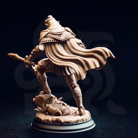 Rear view of the dark cultist warrior miniature showing the quilted lattice-work reverse of the billowing cloak, segmented greave wrappings, and two swords held at low guard, on a rocky scenic base with foliage detail