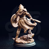 Rear view of the same unpainted cream resin dark cultist warrior miniature showing the woven texture of the flowing tabard billowing behind them, the reverse of the round shield, and the detailed back plating of the armour, with the rubble base visible below