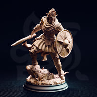 Front view of an unpainted cream resin miniature of a dark cultist warrior in full plate armour, spiked helm with eye motif, sword extended mid-strike, and a large round engraved sun-motif shield raised in the left hand, mounted on a detailed rubble and thorned root base