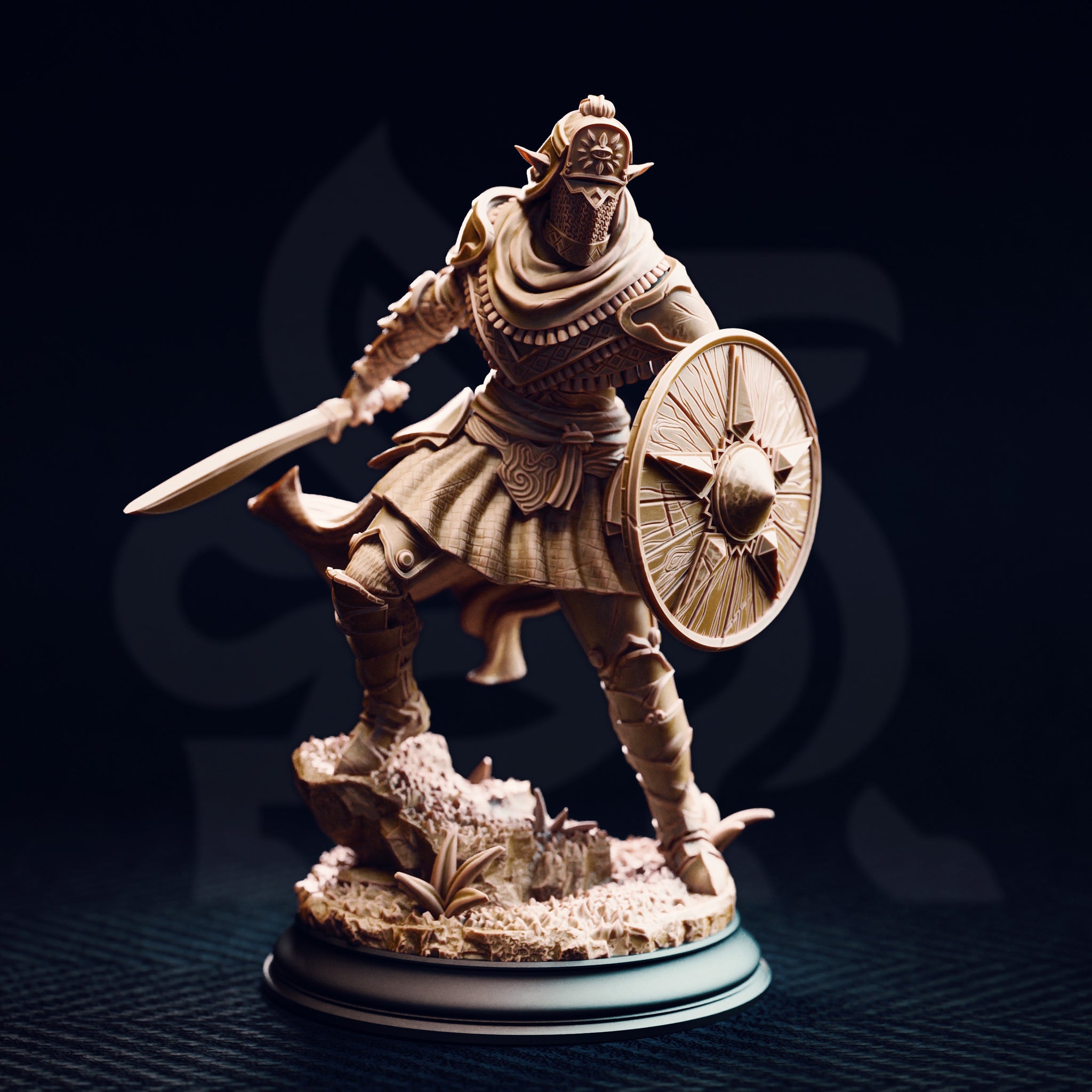 Front view of an unpainted cream resin miniature of a dark cultist warrior in full plate armour, spiked helm with eye motif, sword extended mid-strike, and a large round engraved sun-motif shield raised in the left hand, mounted on a detailed rubble and thorned root base