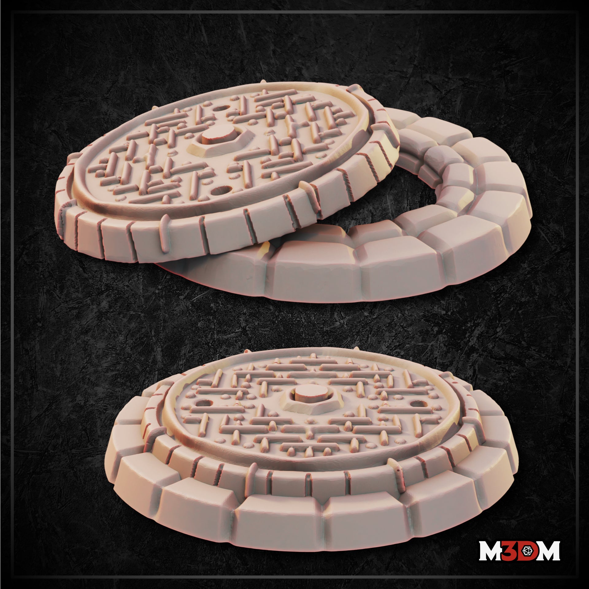 Two unpainted resin sewer manhole covers side by side at tabletop scale, shown next to a D20 for size reference. Left piece shows the lid open and offset; right piece shows the lid fully closed and flush in its frame. Sculpt by Mia Kay M3DM.