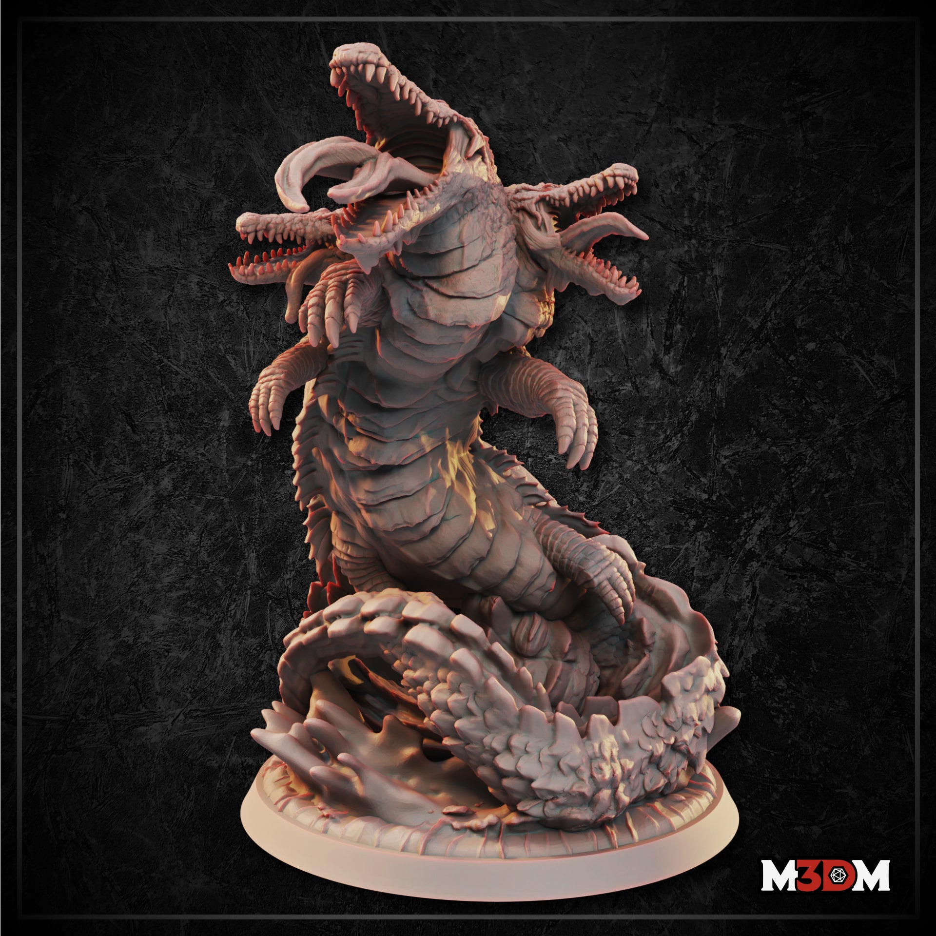 Sewer Serpent miniature by Mia Kay M3DM shown beside a D20 die for scale reference, multi-headed body with open jaws and clawed limbs, mounted on a cracked-ground decorative base in grey unpainted resin.