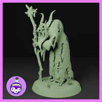 Unpainted grey resin Shadow Lurker Wraith miniature — a hunched horned figure draped in a ragged bark-like cloak, gripping a gnarled staff topped with a fanged skull and dark blossoms, standing on an overgrown scenic base. Digital render by Ella's Arcanum Minis.