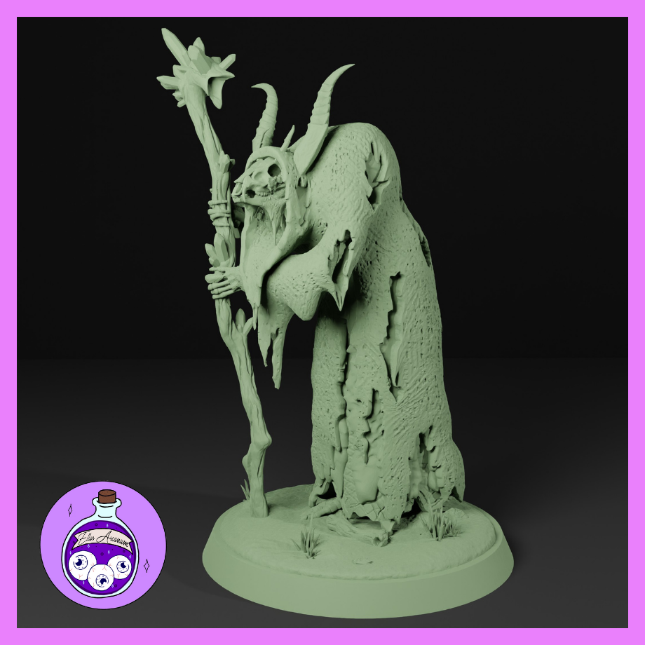 Unpainted grey resin Shadow Lurker Wraith miniature — a hunched horned figure draped in a ragged bark-like cloak, gripping a gnarled staff topped with a fanged skull and dark blossoms, standing on an overgrown scenic base. Digital render by Ella's Arcanum Minis.