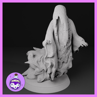 Unpainted grey resin Shadowspawn miniature from Ella's Arcanum Minis — a towering shrouded horror with a featureless draped form, multiple grasping clawed hands, and a roiling corrupted base, printed at 32mm scale