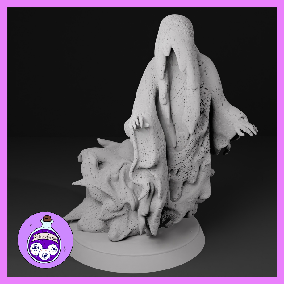 Unpainted grey resin Shadowspawn miniature from Ella's Arcanum Minis — a towering shrouded horror with a featureless draped form, multiple grasping clawed hands, and a roiling corrupted base, printed at 32mm scale
