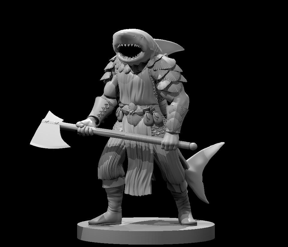Sharkfolk Paladin miniature by MZ4250 — broad humanoid figure with a great white shark head, jaws open, gripping a long-hafted axe across the body. Wearing layered shell and scale armour with a belted robe, pouches, and shell ornaments. Sculpt stands on a plain round base.