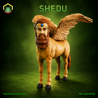 Shedu miniature by The Toadstool Weaver — winged bull-bodied creature with a bearded human face wearing a jewelled diadem, large feathered wings spread behind muscular equine body, standing on four hooved legs.