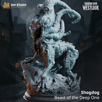 Shogdog by DM Stash seen from behind — rear haunches coiled low, thick tentacles spreading wide above body mass, eye clusters across tentacle surfaces, crystalline growth and rubble on base.