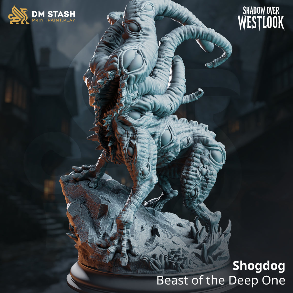 Shogdog by DM Stash seen from behind — rear haunches coiled low, thick tentacles spreading wide above body mass, eye clusters across tentacle surfaces, crystalline growth and rubble on base.