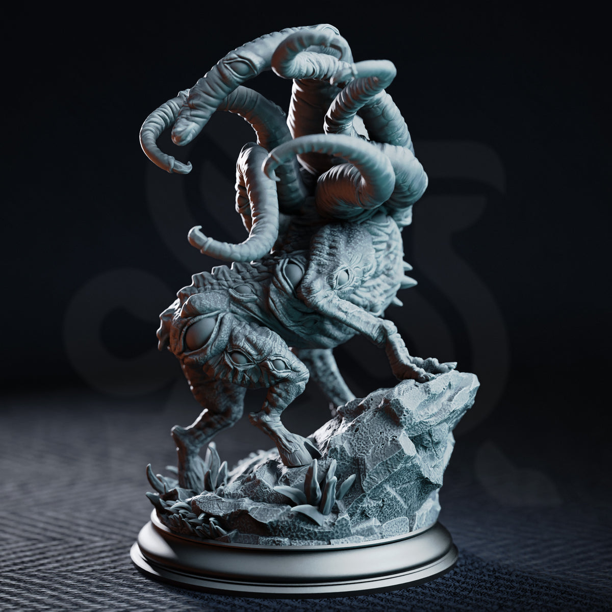 Shogdog by DM Stash viewed from the left — deep segmented skin folds and overlapping ridges visible across torso and limbs, tentacles spiralling upward, cluster eyes along flanks, broken cobblestone base.