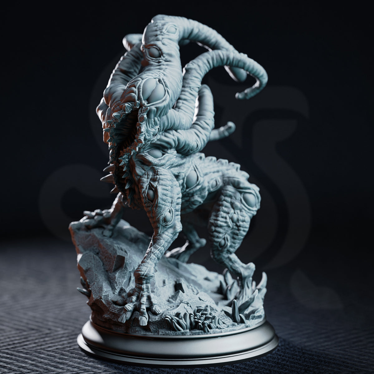 Shogdog Beast of the Deep One by DM Stash — four-limbed creature lunging forward, tentacles coiling overhead, dozens of eyes across hide and tentacles, open maw, rubble scenic base.