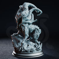 Shogdog Beast of the Deep One by DM Stash — four-limbed creature lunging forward, tentacles coiling overhead, dozens of eyes across hide and tentacles, open maw, rubble scenic base.