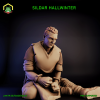 Digital render of the Sildar Hallwinter prisoner miniature — a middle-aged human male seated on the ground with wrists bound, wearing chainmail pauldrons over a travel-worn tunic, expression weary but resolute, unpainted grey resin render shown against a dark background