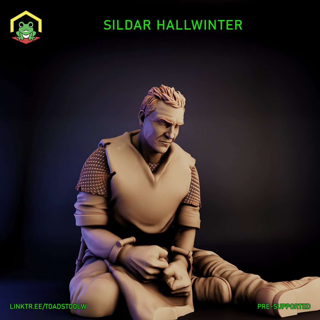 Digital render of the Sildar Hallwinter prisoner miniature — a middle-aged human male seated on the ground with wrists bound, wearing chainmail pauldrons over a travel-worn tunic, expression weary but resolute, unpainted grey resin render shown against a dark background