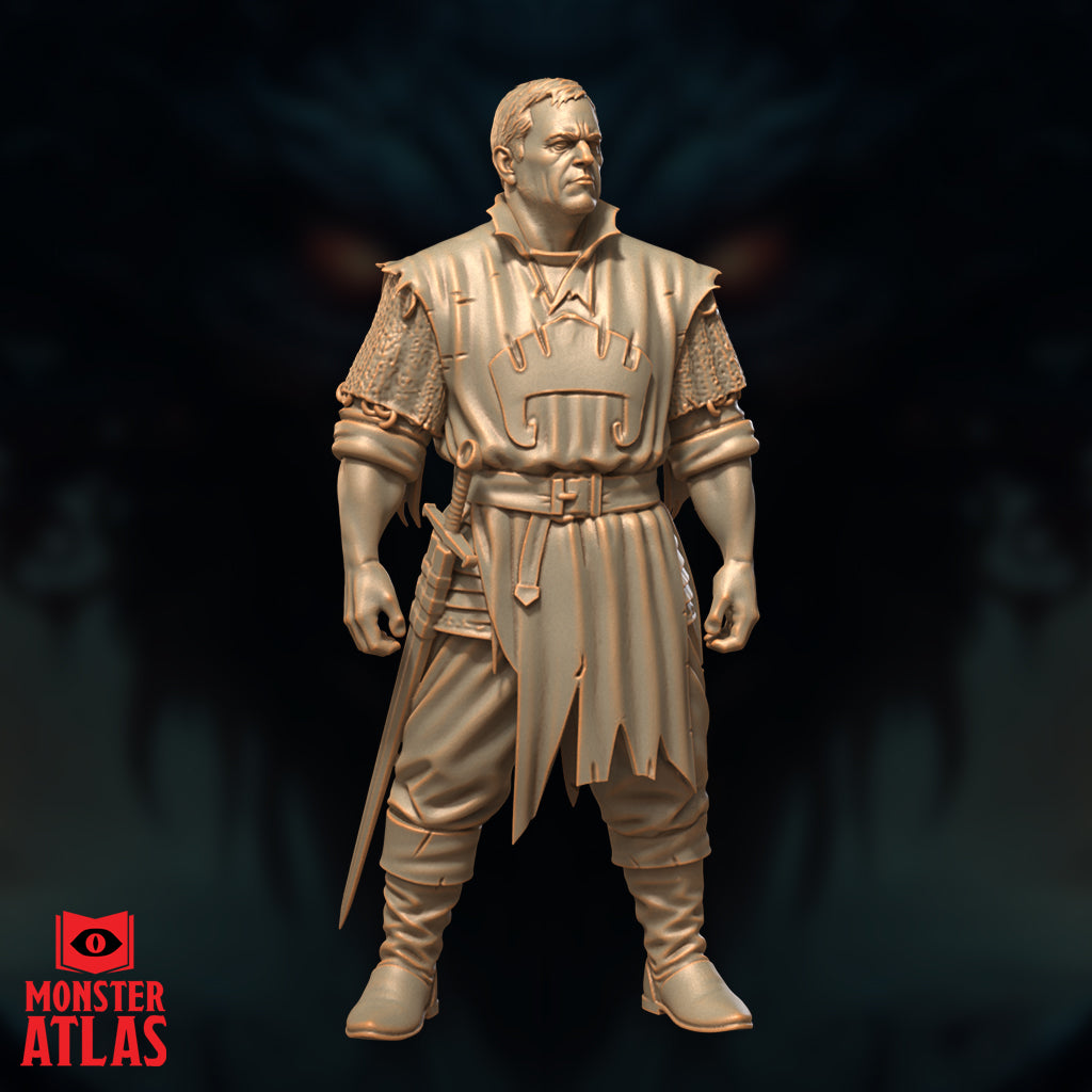 Front-facing digital render of the Retired Knight (Sildar Hallwinter) miniature by Monster Atlas — a heavyset human male in a belted travel tunic over chainmail sleeves, short sword at his hip, expression stern and watchful, shown unpainted in warm tan resin colour against a dark background