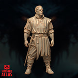 Front-facing digital render of the Retired Knight (Sildar Hallwinter) miniature by Monster Atlas — a heavyset human male in a belted travel tunic over chainmail sleeves, short sword at his hip, expression stern and watchful, shown unpainted in warm tan resin colour against a dark background