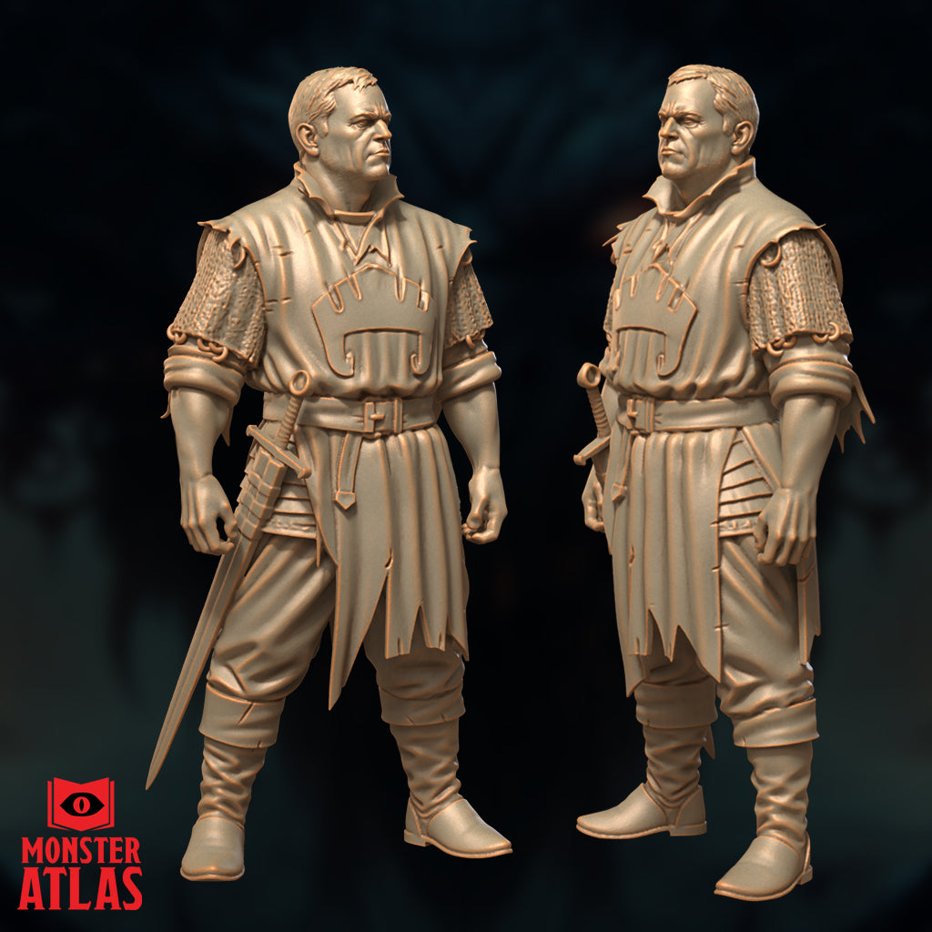 Front and side digital render of the Retired Knight (Sildar Hallwinter) miniature by Monster Atlas — showing the sculpt from two angles, highlighting the chainmail shoulder detail, belted tunic with fabric folds, and the short sword at his side, unpainted warm tan finish on dark background