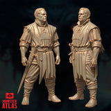 Front and side digital render of the Retired Knight (Sildar Hallwinter) miniature by Monster Atlas — showing the sculpt from two angles, highlighting the chainmail shoulder detail, belted tunic with fabric folds, and the short sword at his side, unpainted warm tan finish on dark background