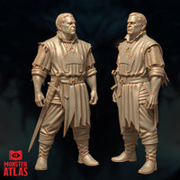 Front and side digital render of the Retired Knight (Sildar Hallwinter) miniature by Monster Atlas — showing the sculpt from two angles, highlighting the chainmail shoulder detail, belted tunic with fabric folds, and the short sword at his side, unpainted warm tan finish on dark background