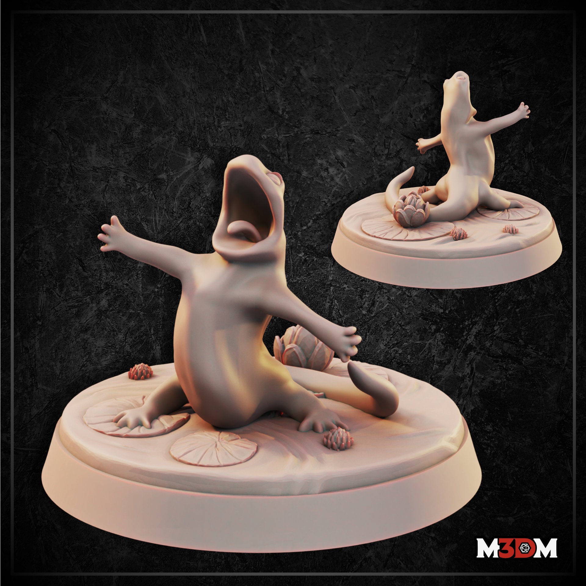 Digital render of the Silly Scream Salamander miniature showing two angles — a wide-mouthed salamander with arms flung wide, seated upright mid-scream on a detailed lily pad base with water lily blooms and seed heads, by Mia Kay M3DM