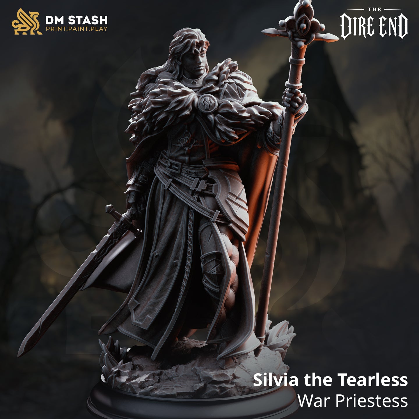 Rear view of the Silvia the Tearless miniature by DM Stash, showing the full sweep of her flowing cloak, fur mantle across her back, and the raised ornate staff and sheathed longsword visible at either side.