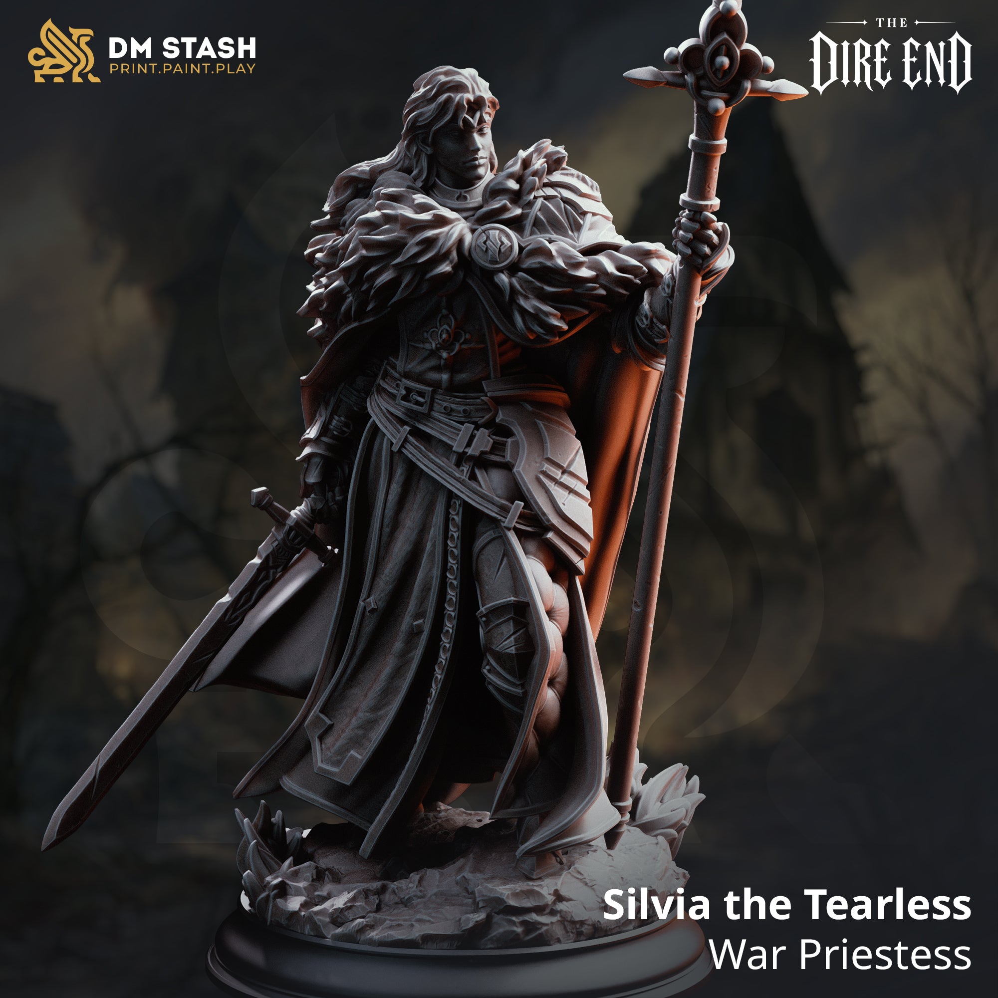 Rear view of the Silvia the Tearless miniature by DM Stash, showing the full sweep of her flowing cloak, fur mantle across her back, and the raised ornate staff and sheathed longsword visible at either side.
