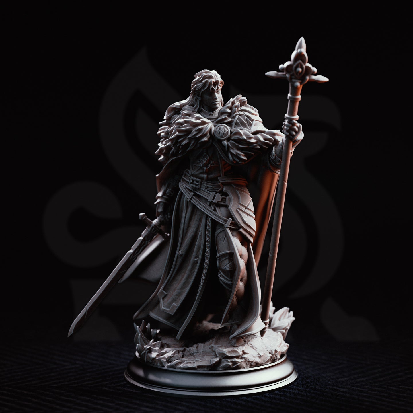 War priestess miniature by DM Stash shown from the front, staff raised in her right hand with a fleur-de-lis finial, long flowing hair, armoured belt and bracers with engraved detailing, fur mantle across broad shoulders.