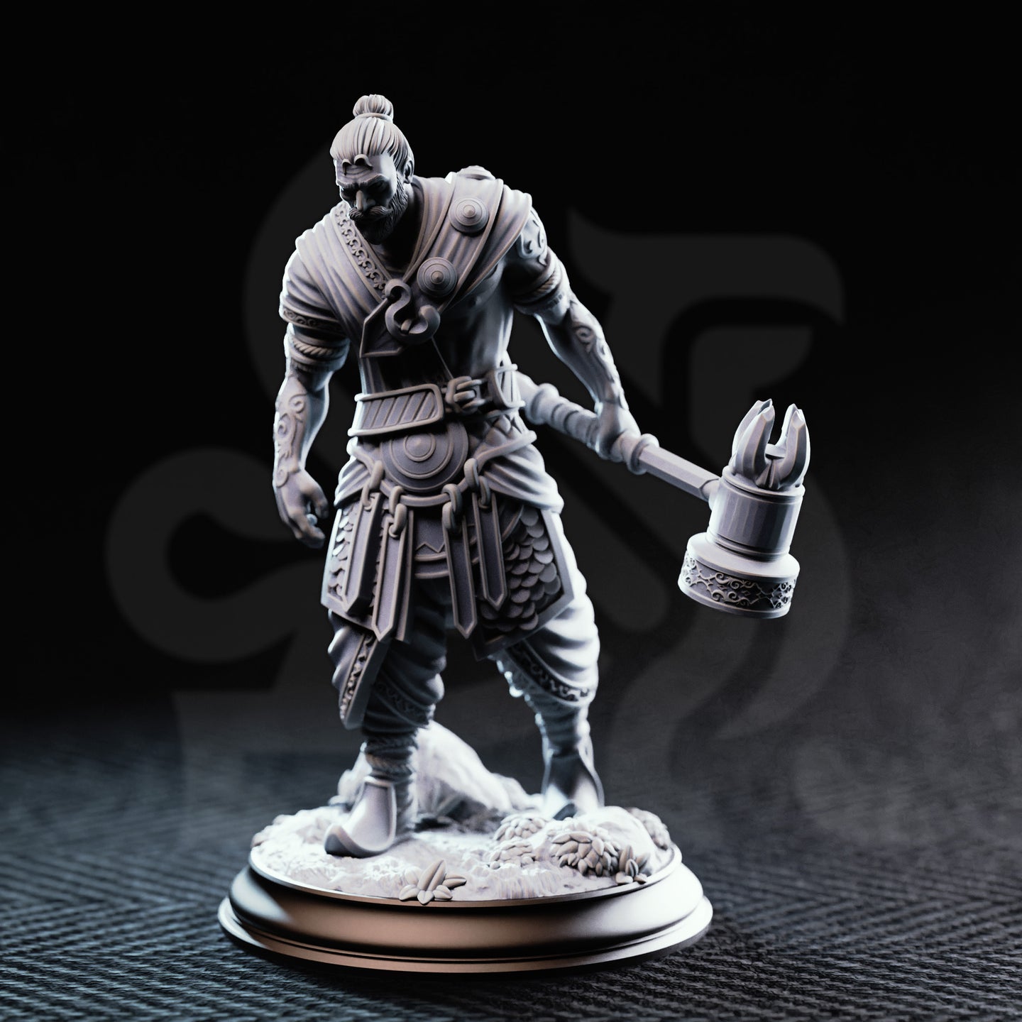 Front view of an unpainted grey resin 32mm miniature of Sindan the Southern Hammer — a bearded male warrior with arm tattoos, scale-skirted armour, and a pronged decorative maul, standing on a debris-strewn base