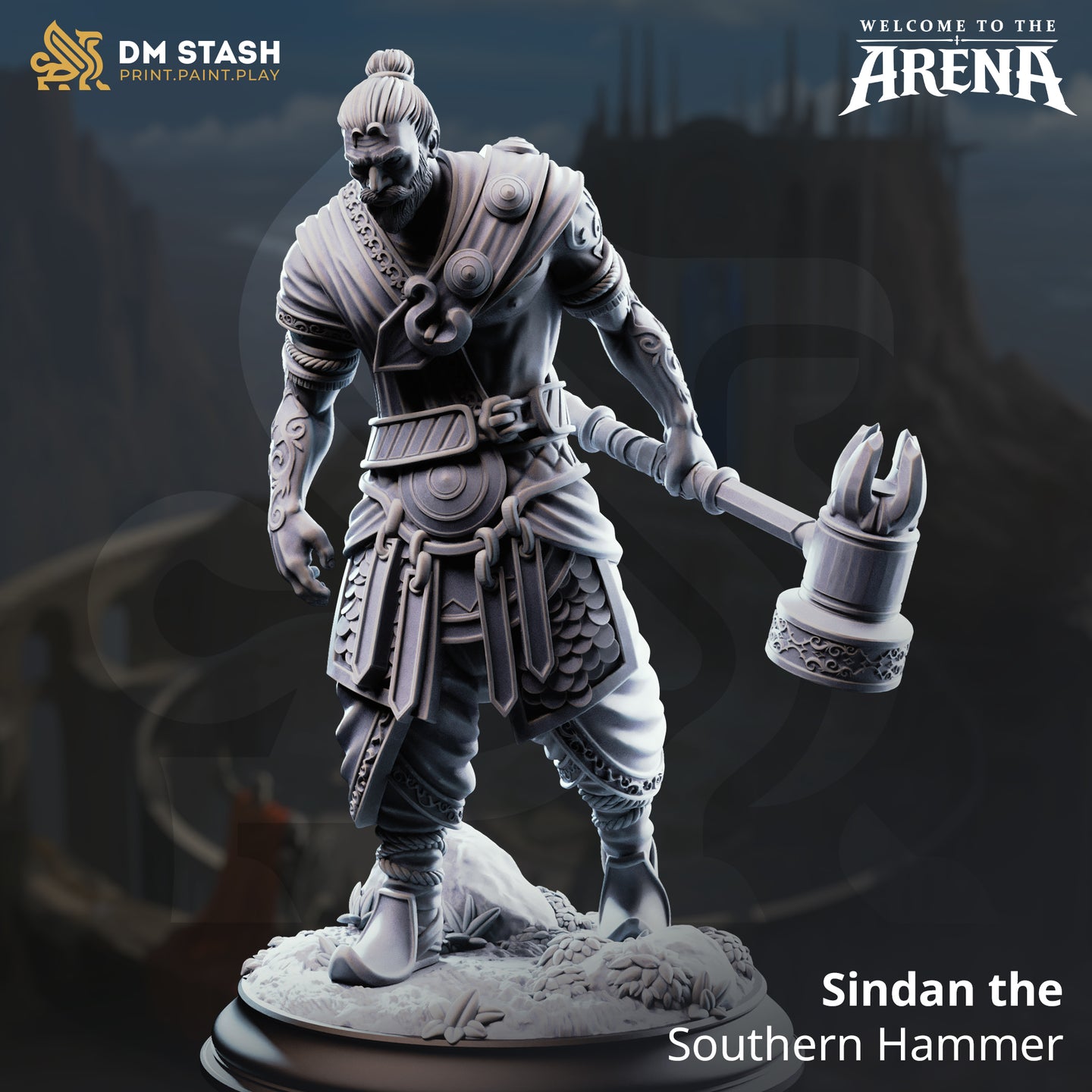 Digital render of Sindan the Southern Hammer, a tattooed human barbarian miniature holding an ornate maul low at his side, wearing layered robes and scale armour with disc-clasps, hair in a top-knot — from DM Stash's Welcome to the Arena collection