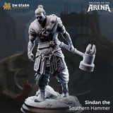 Digital render of Sindan the Southern Hammer, a tattooed human barbarian miniature holding an ornate maul low at his side, wearing layered robes and scale armour with disc-clasps, hair in a top-knot — from DM Stash's Welcome to the Arena collection