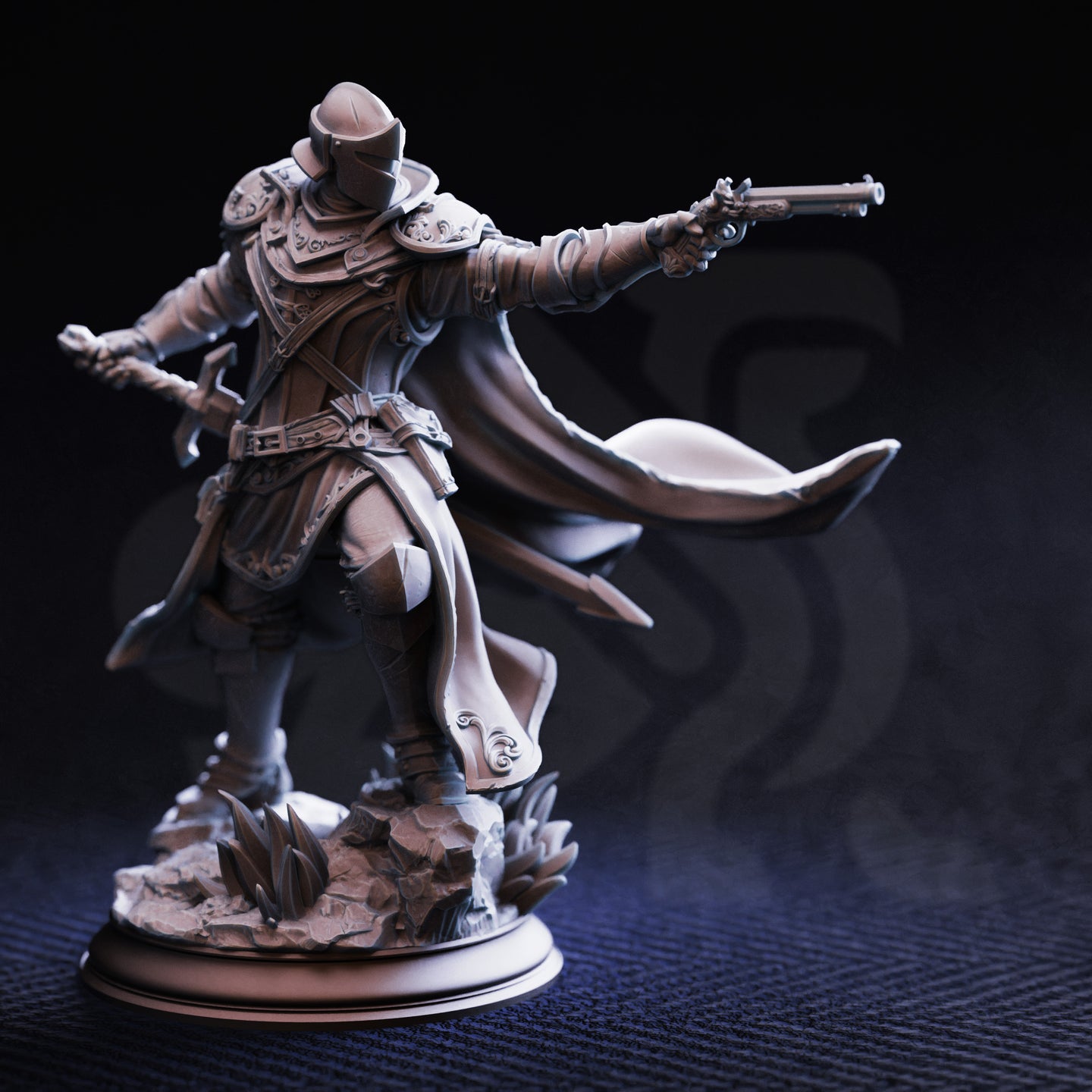 Unpainted grey resin miniature of Sir Enidus of Old Town photographed against a dark background, front-side angle showing the flintlock pistol raised at arm's length, layered ornate armour, tooled leather straps, and the sweeping longcoat catching the light across its flowing folds