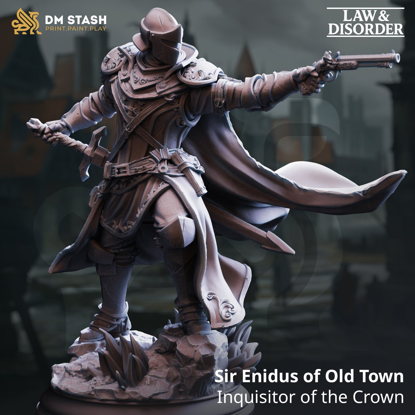 Digital render of Sir Enidus of Old Town, an armoured crown inquisitor miniature from DM Stash's Law and Disorder collection, shown in a dramatic forward-striding pose with a double-barrelled flintlock pistol extended in his right hand and a rune-etched focus in his left, wearing engraved plate armour and a billowing longcoat over a scenic rubble base