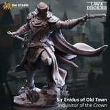 Digital render of Sir Enidus of Old Town, an armoured crown inquisitor miniature from DM Stash's Law and Disorder collection, shown in a dramatic forward-striding pose with a double-barrelled flintlock pistol extended in his right hand and a rune-etched focus in his left, wearing engraved plate armour and a billowing longcoat over a scenic rubble base