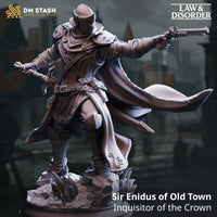 Digital render of Sir Enidus of Old Town, an armoured crown inquisitor miniature from DM Stash's Law and Disorder collection, shown in a dramatic forward-striding pose with a double-barrelled flintlock pistol extended in his right hand and a rune-etched focus in his left, wearing engraved plate armour and a billowing longcoat over a scenic rubble base