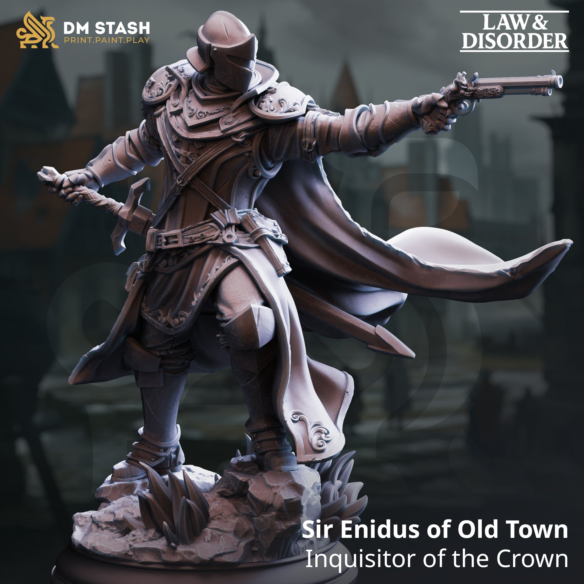 Digital render of Sir Enidus of Old Town, an armoured crown inquisitor miniature from DM Stash's Law and Disorder collection, shown in a dramatic forward-striding pose with a double-barrelled flintlock pistol extended in his right hand and a rune-etched focus in his left, wearing engraved plate armour and a billowing longcoat over a scenic rubble base