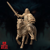 32mm resin miniature of Sir Robilar, a heavily armoured male human fighter on horseback, sword raised overhead, with a spiked demon-faced shield strapped at the horse's flank — unpainted digital render by Monster Atlas, front-left angle