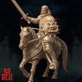 Close-up render of Sir Robilar mounted miniature showing the bearded warlord in plate armour raising a longsword, with the grinning demon-faced shield clearly visible at his side — unpainted 32mm scale by Monster Atlas