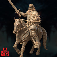Close-up render of Sir Robilar mounted miniature showing the bearded warlord in plate armour raising a longsword, with the grinning demon-faced shield clearly visible at his side — unpainted 32mm scale by Monster Atlas