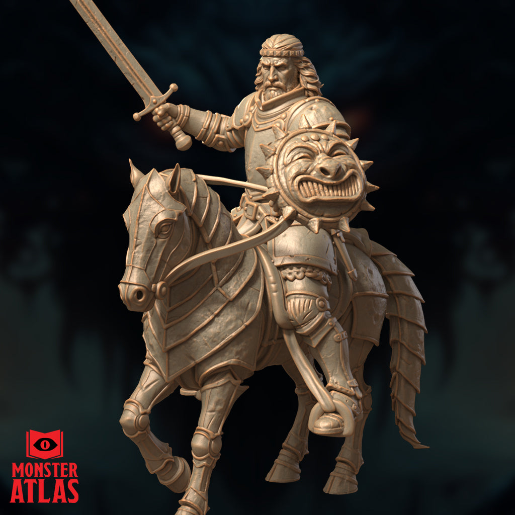 Close-up render of Sir Robilar mounted miniature showing the bearded warlord in plate armour raising a longsword, with the grinning demon-faced shield clearly visible at his side — unpainted 32mm scale by Monster Atlas