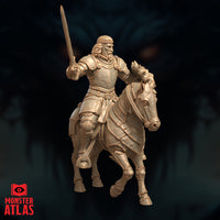Alternate view of the Sir Robilar mounted fighter miniature without the demon-faced shield, showing full plate armour detail, warhorse barding, and the rider's commanding pose with sword aloft — unpainted 32mm render by Monster Atlas
