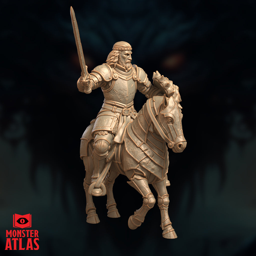 Alternate view of the Sir Robilar mounted fighter miniature without the demon-faced shield, showing full plate armour detail, warhorse barding, and the rider's commanding pose with sword aloft — unpainted 32mm render by Monster Atlas
