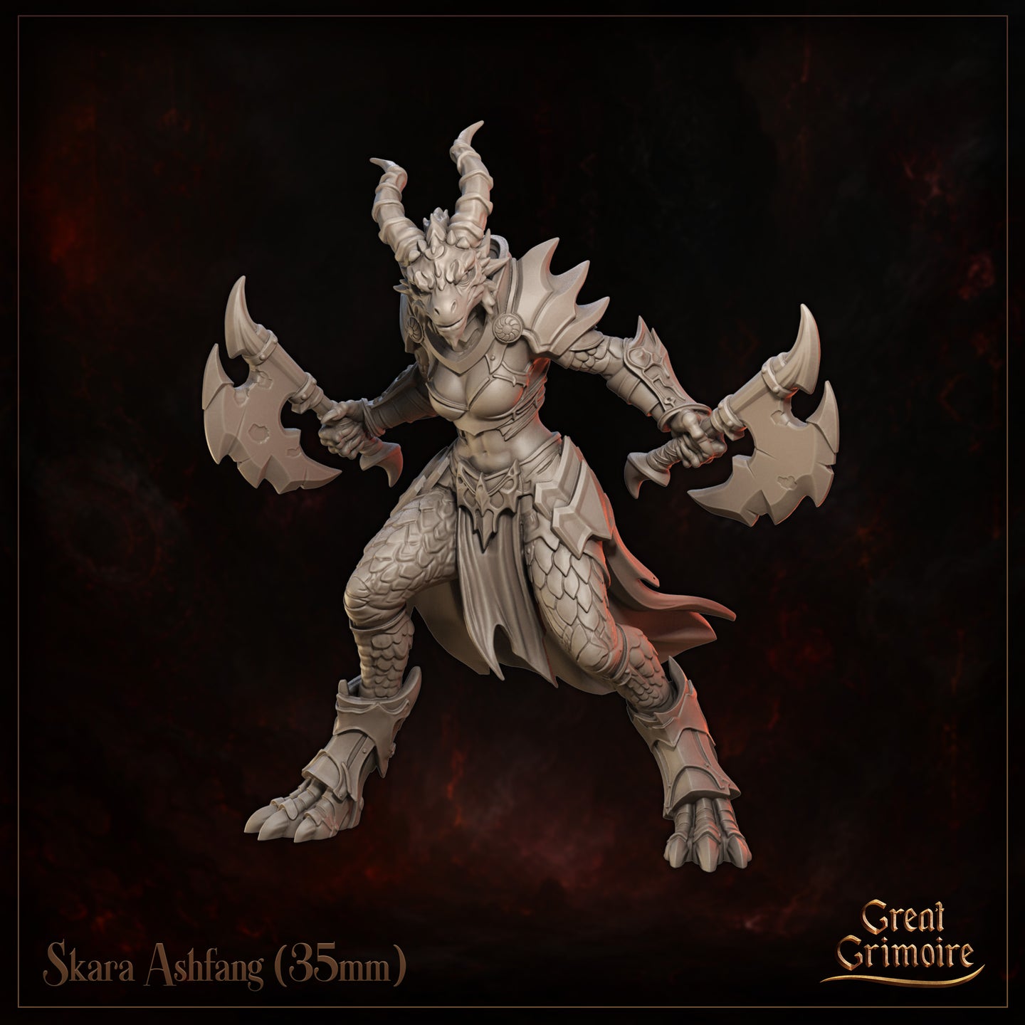 Dragonborn female warrior in a wide combat stance, holding two battle axes outward, wearing spiked dragon-scale armour with a flowing skirt and curved horns. Sculpt by Great Grimoire.