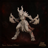 Dragonborn female warrior in a wide combat stance, holding two battle axes outward, wearing spiked dragon-scale armour with a flowing skirt and curved horns. Sculpt by Great Grimoire.