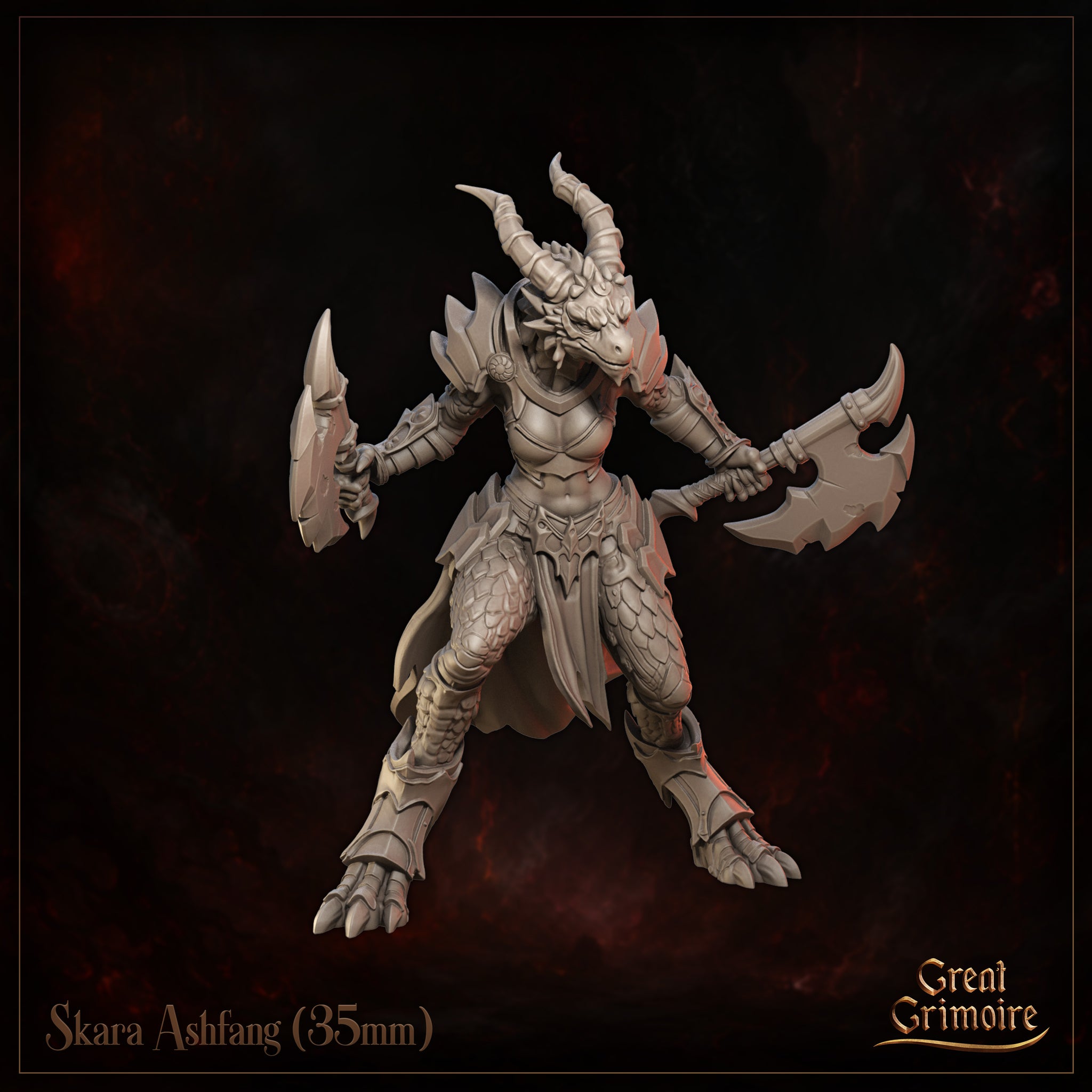 Dragonborn female warrior standing upright, arms spread with a battle axe in each hand, wearing layered dragon-scale armour, spiked pauldrons, and tall swept-back horns. Sculpt by Great Grimoire.