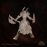 Rear view of a dragonborn female warrior in dragon-scale armour, showing a long flowing battle skirt, heavily detailed backplate with spine spikes, and gauntleted hands gripping two axes. Sculpt by Great Grimoire.