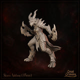 Skara Ashfang, a dual-axe dragonborn warrior in ornate spiked armour with a battle skirt and curved horns, posed in an aggressive wide stance. Miniature by Great Grimoire.